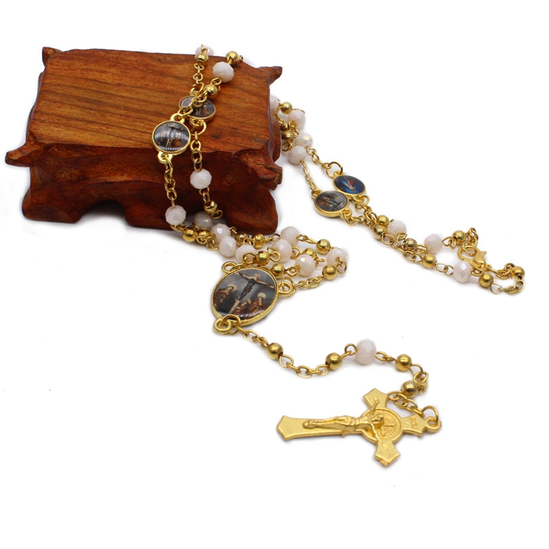 Crystal Rosary Necklace for Women Long Cross Pendant Religious Jewelry