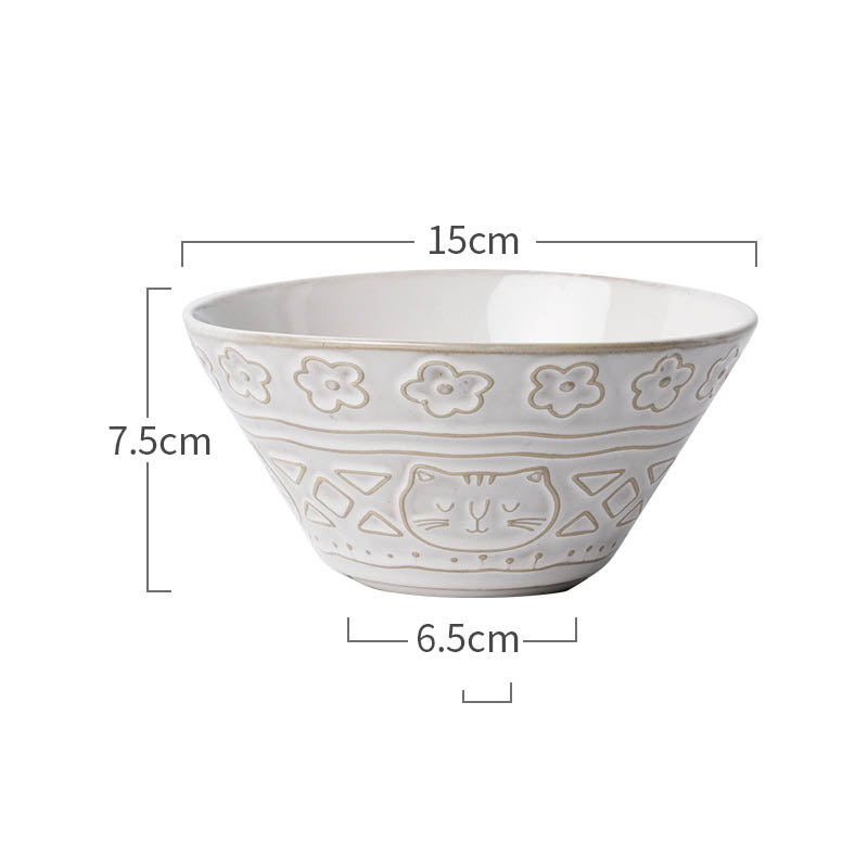 Retro White Glaze Cartoon Cat Ceramic Pet Bowl Set - Multiple Styles