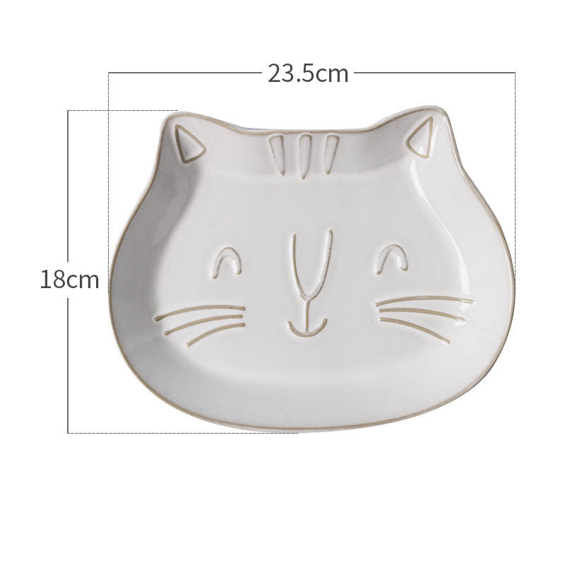 Retro White Glaze Cartoon Cat Ceramic Pet Bowl Set - Multiple Styles