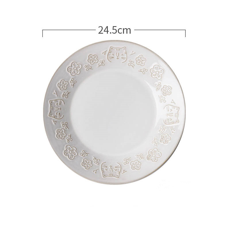 Retro White Glaze Cartoon Cat Ceramic Pet Bowl Set - Multiple Styles