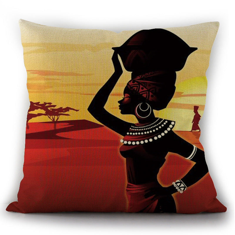 African Woman Print Linen Pillowcase Cushion Cover - Ethnic Style Home Decor