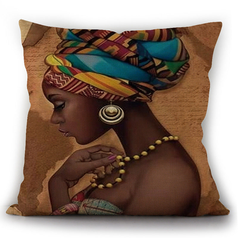 African Woman Print Linen Pillowcase Cushion Cover - Ethnic Style Home Decor