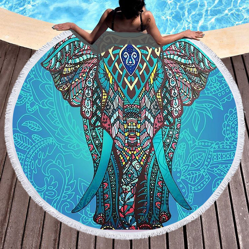 Round Microfiber Beach Towel with Tassels - Digital Print, 150x150cm