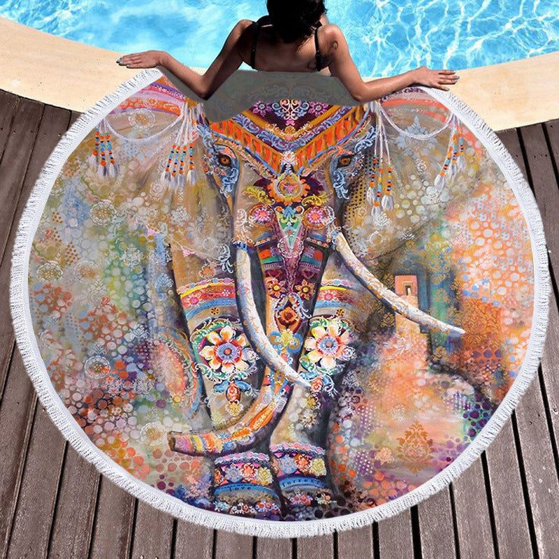 Round Microfiber Beach Towel with Tassels - Digital Print, 150x150cm