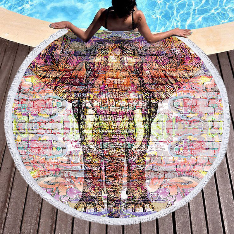 Round Microfiber Beach Towel with Tassels - Digital Print, 150x150cm