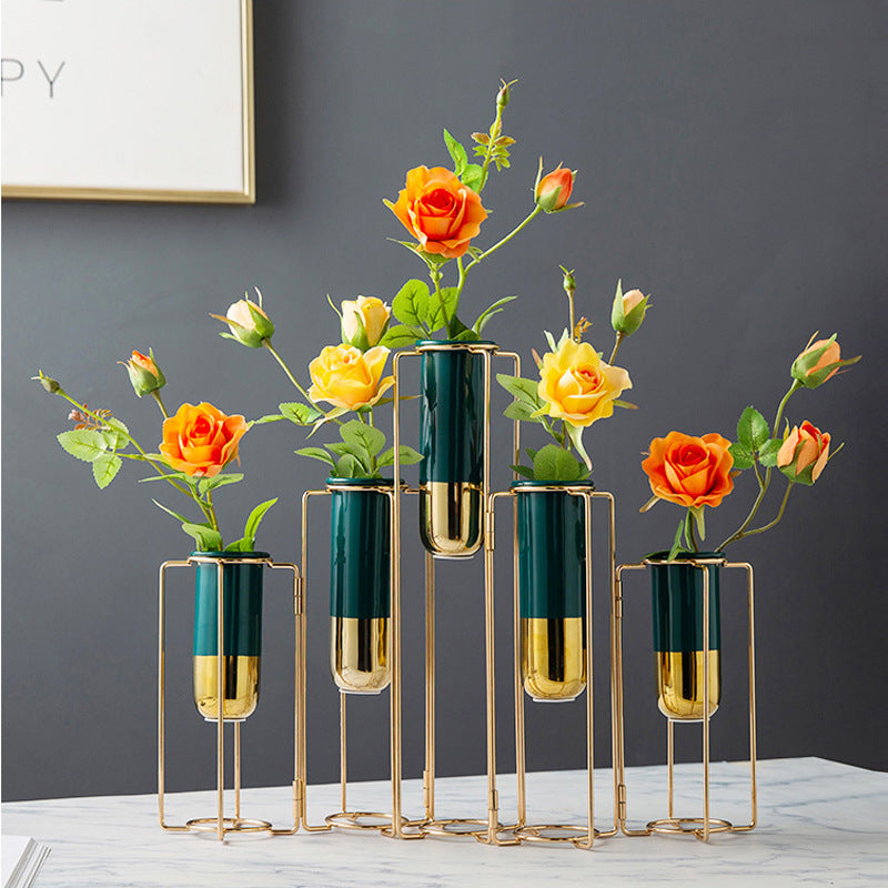 Small Ceramic Vase with Metal Iron Test Tube for Living Room Decor - Multiple Styles