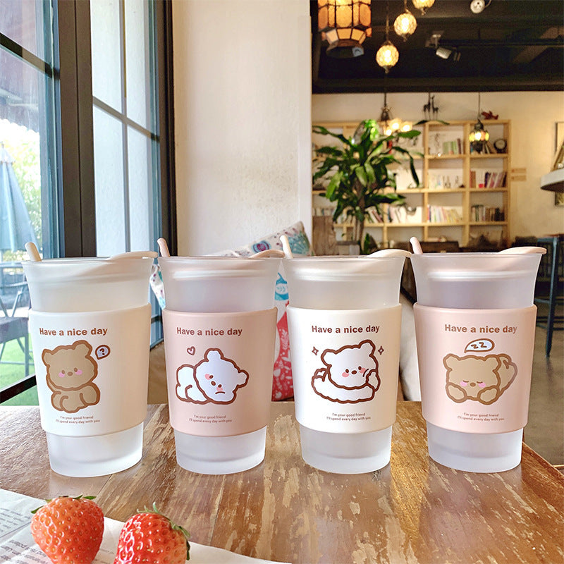 Cute Bear Glass Cup with Spoon - Insulated Water & Coffee Mug for Home