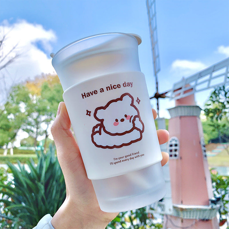 Cute Bear Glass Cup with Spoon - Insulated Water & Coffee Mug for Home