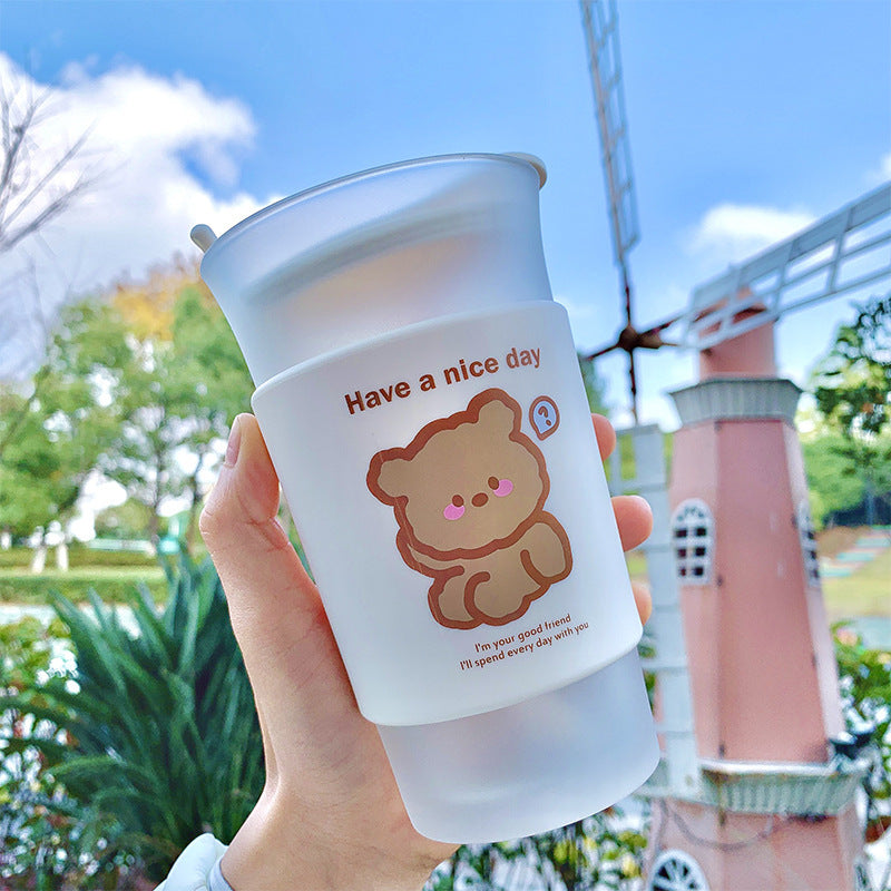 Cute Bear Glass Cup with Spoon - Insulated Water & Coffee Mug for Home