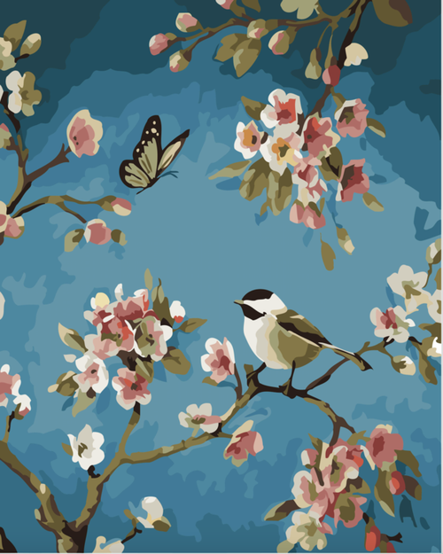 DIY Bird & Butterfly Painting Kit - Linen Canvas, 40x50cm, Blue