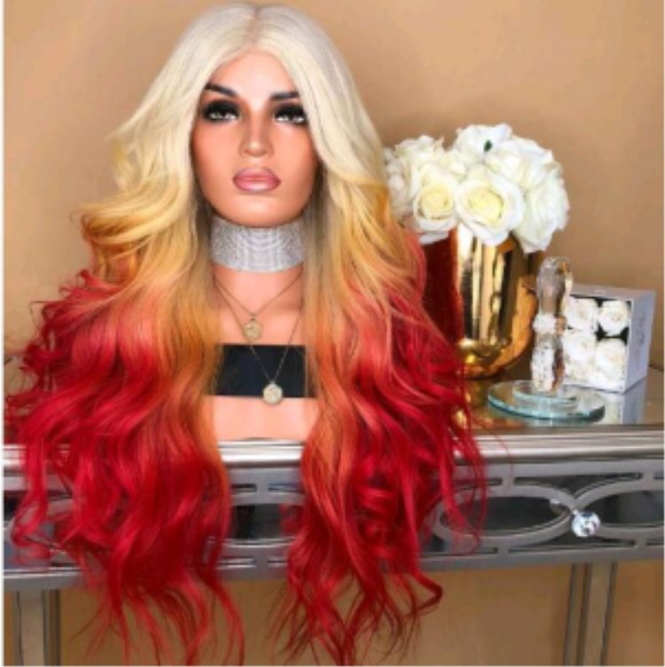 Gradient Red Curly Big Waves Synthetic Wig