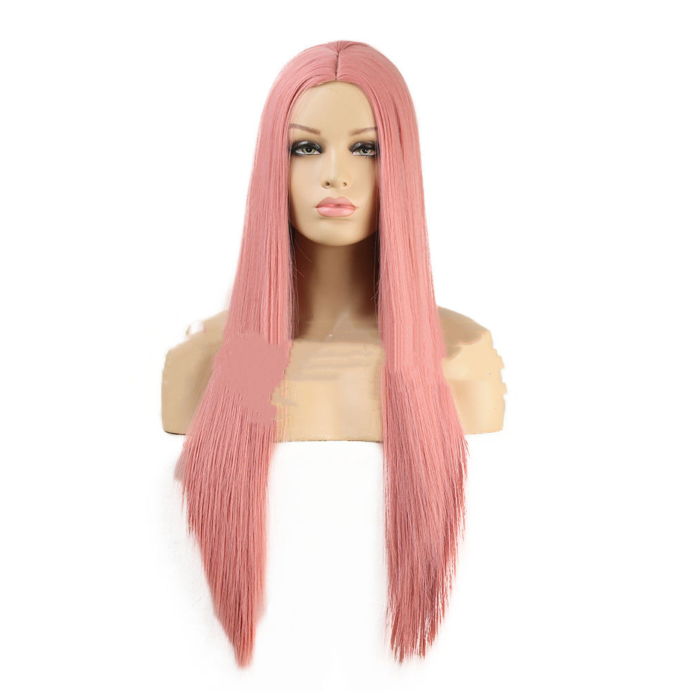 Long Straight Synthetic Wig for Women - High-Temperature Silk Hair, Pink, 18-24 Inches