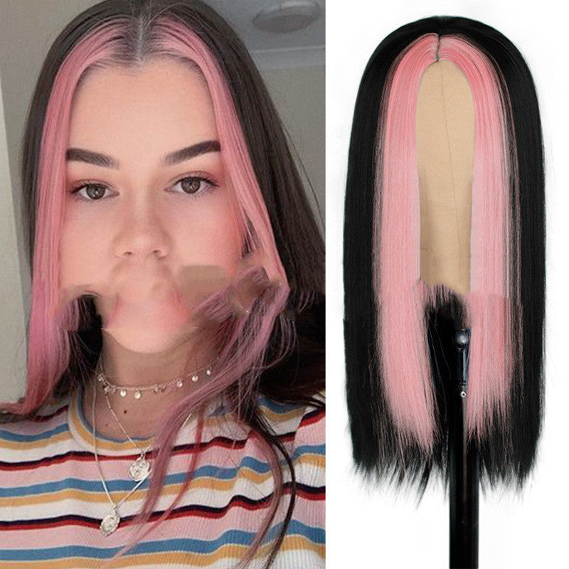 Long Black Synthetic Wig with Highlighting Green Hair for Ladies - Adjustable Style
