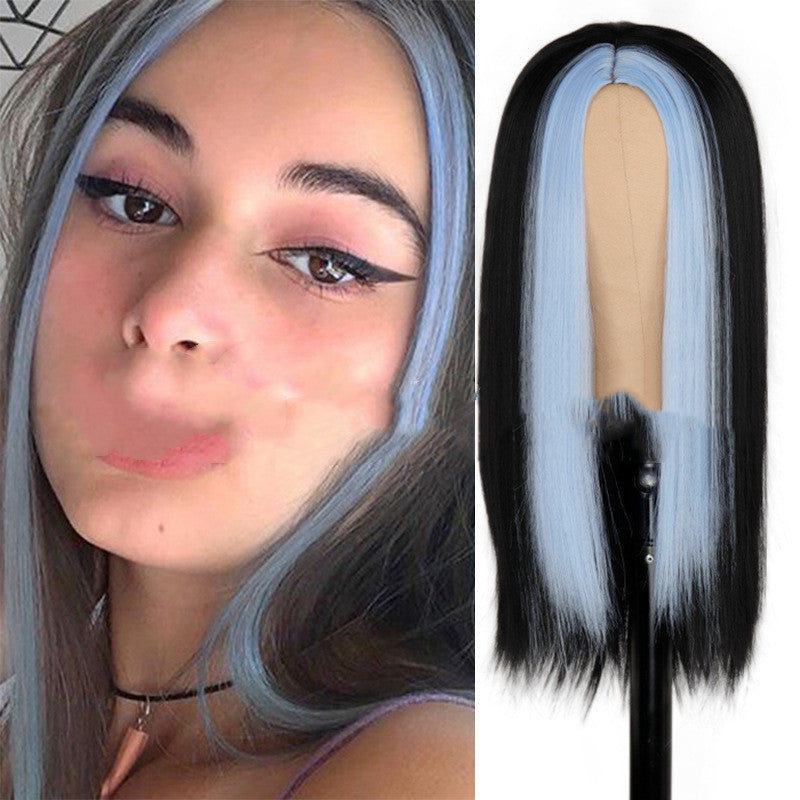 Long Black Synthetic Wig with Highlighting Green Hair for Ladies - Adjustable Style