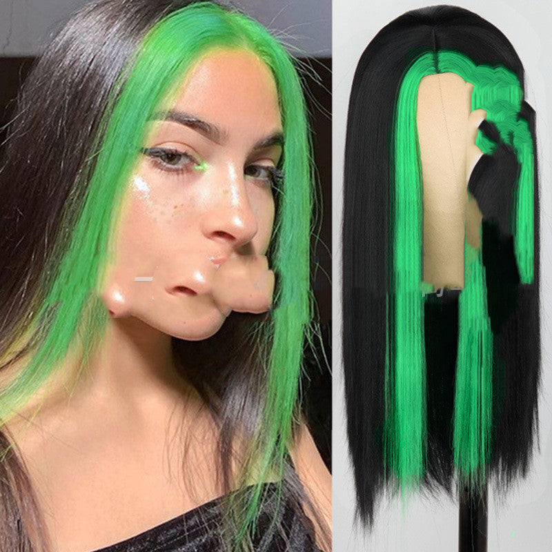 Long Black Synthetic Wig with Highlighting Green Hair for Ladies - Adjustable Style