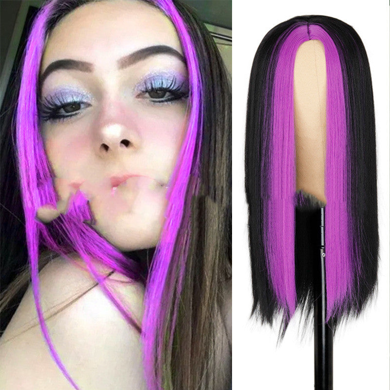 Long Black Synthetic Wig with Highlighting Green Hair for Ladies - Adjustable Style