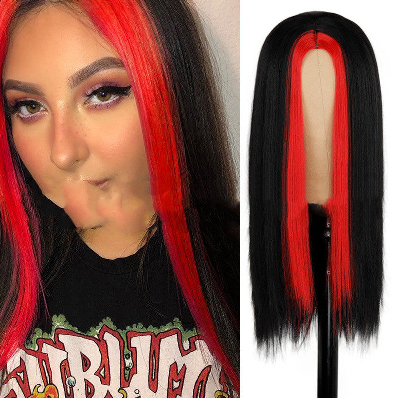 Long Black Synthetic Wig with Highlighting Green Hair for Ladies - Adjustable Style
