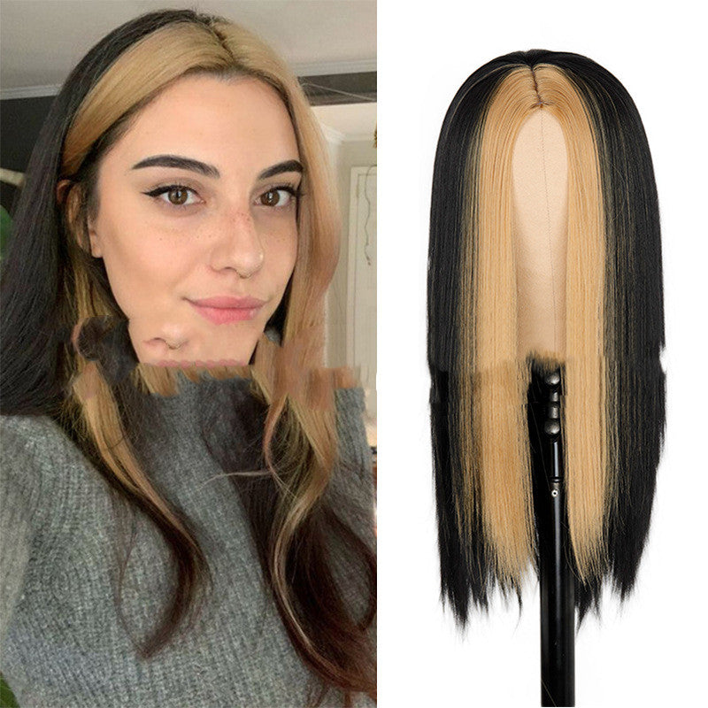 Long Black Synthetic Wig with Highlighting Green Hair for Ladies - Adjustable Style