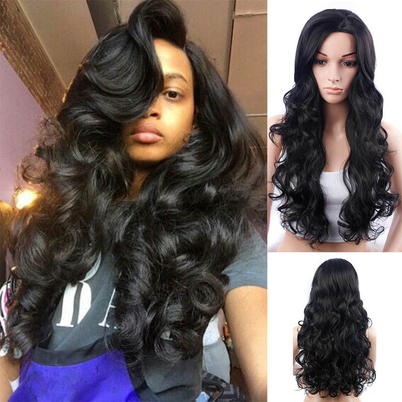 Long Curly Wavy Wig with Oblique Bangs - 1B