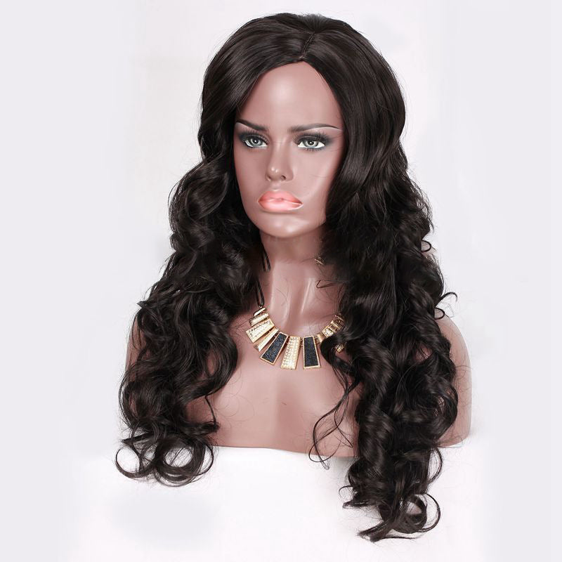Long Curly Wavy Wig with Oblique Bangs - 1B