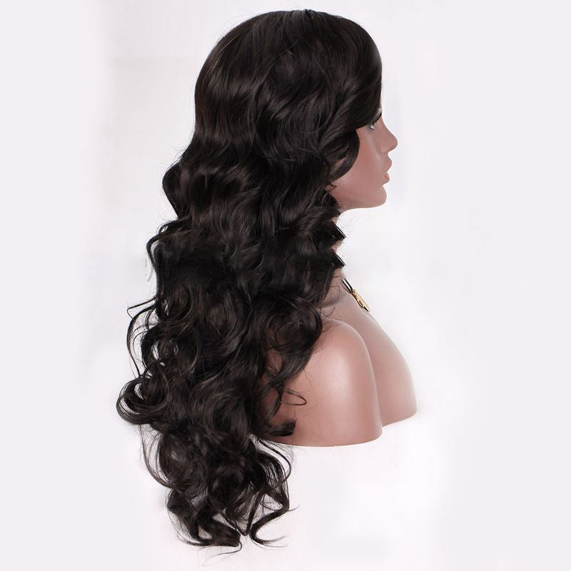 Long Curly Wavy Wig with Oblique Bangs - 1B