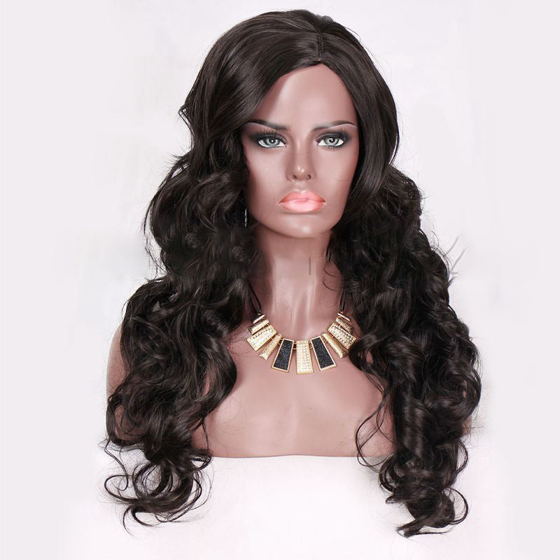 Long Curly Wavy Wig with Oblique Bangs - 1B