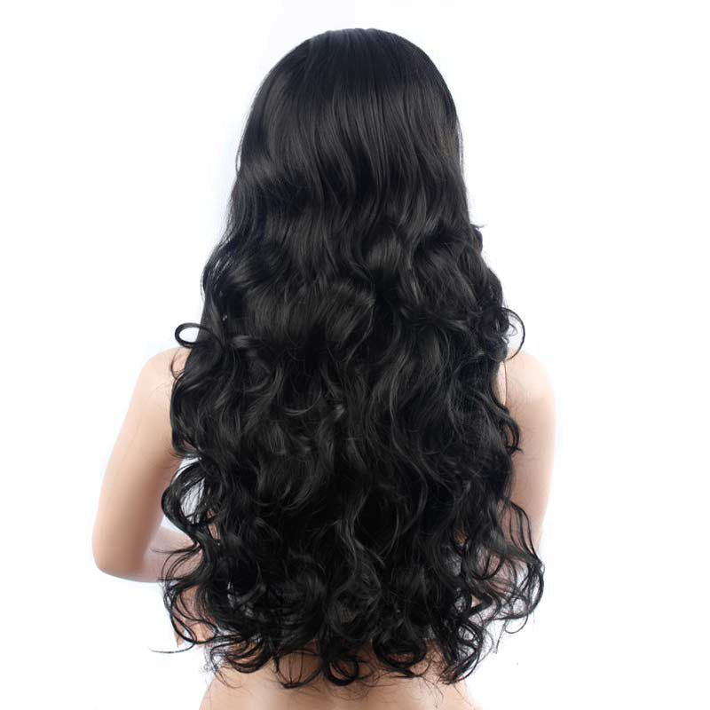 Long Curly Wavy Wig with Oblique Bangs - 1B