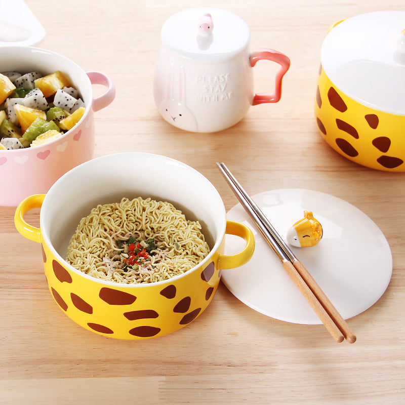 Animal Ceramic Instant Noodle Bowl - Porcelain Kitchen Serveware, Multiple Styles