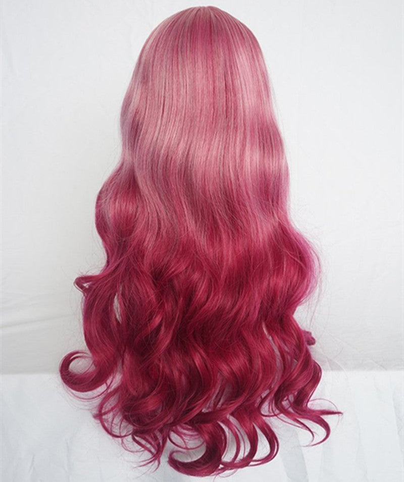 Long Curly Synthetic Wig with Red Wine Color and Bangs - Exotic Style