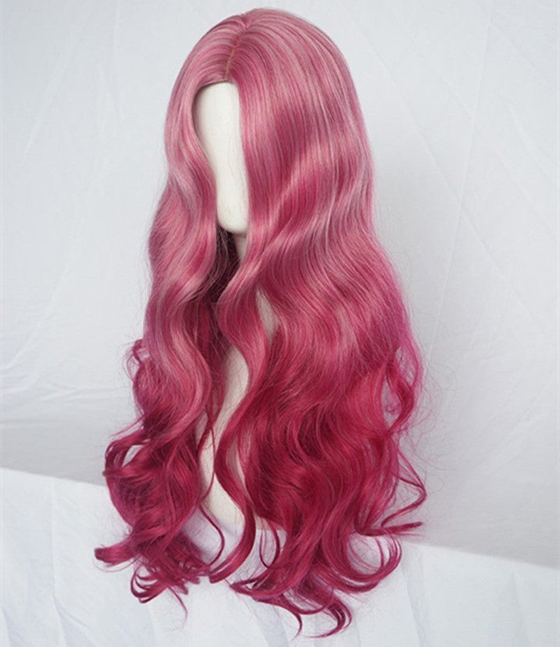 Long Curly Synthetic Wig with Red Wine Color and Bangs - Exotic Style