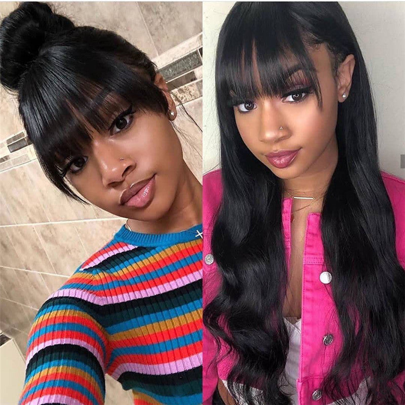 Long Curly Synthetic Wig with Air Bangs - European & American Style, Black