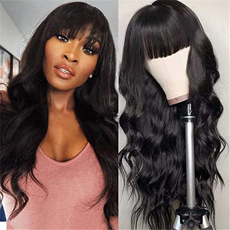 Long Curly Synthetic Wig with Air Bangs - European & American Style, Black