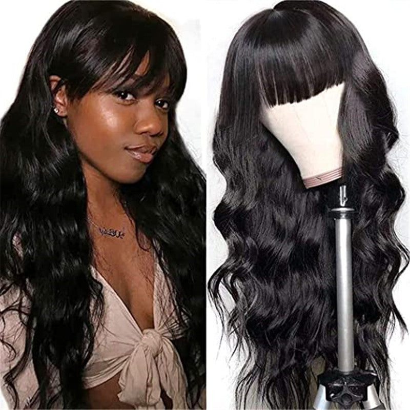 Long Curly Synthetic Wig with Air Bangs - European & American Style, Black