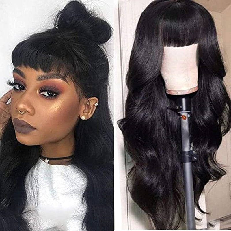 Long Curly Synthetic Wig with Air Bangs - European & American Style, Black