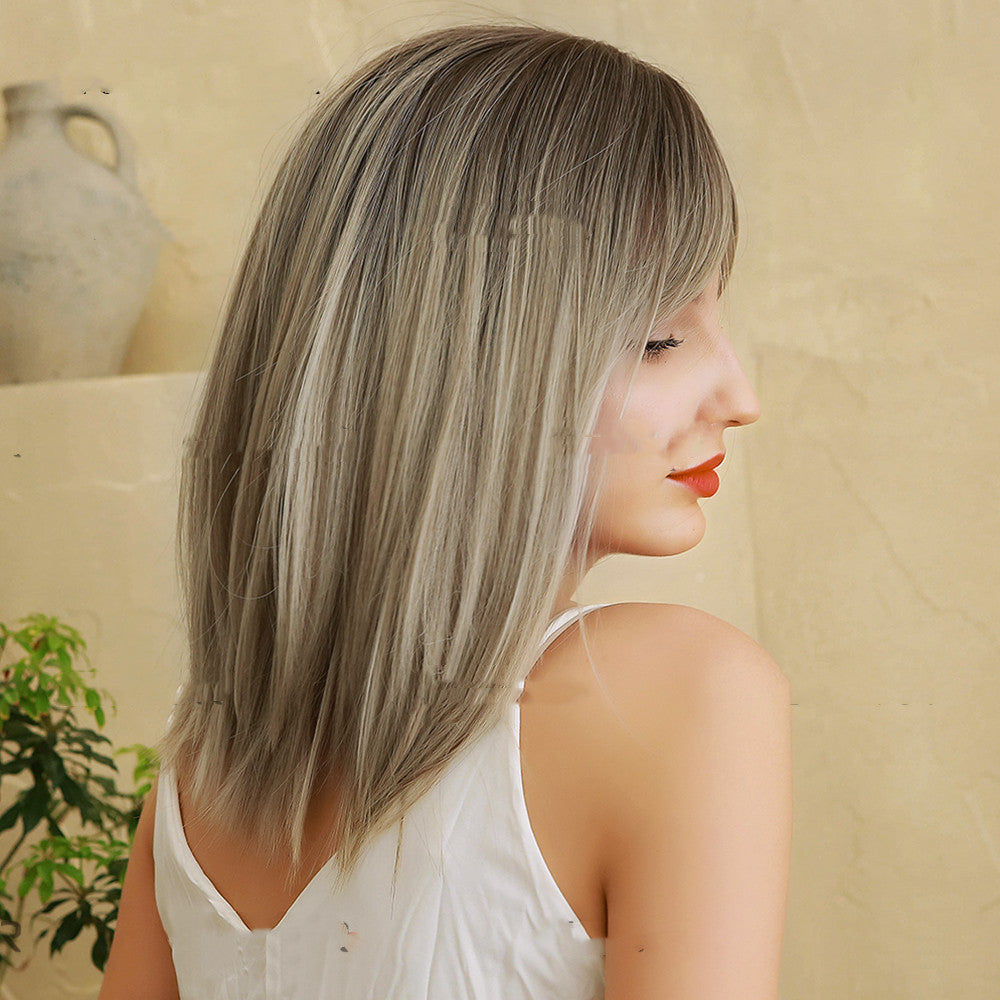 Blond Synthetic Wig with Eight-Character Bangs - 45cm