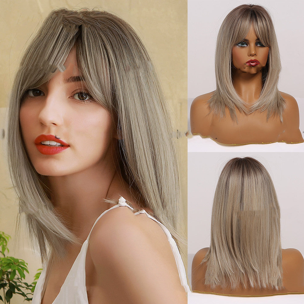 Blond Synthetic Wig with Eight-Character Bangs - 45cm