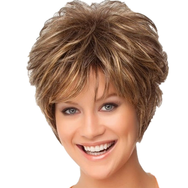 Short Curly Synthetic Wig for Women - Natural Fluffy Hair with Oblique Bangs