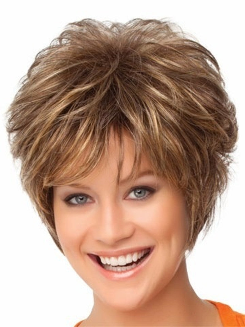 Short Curly Synthetic Wig for Women - Natural Fluffy Hair with Oblique Bangs
