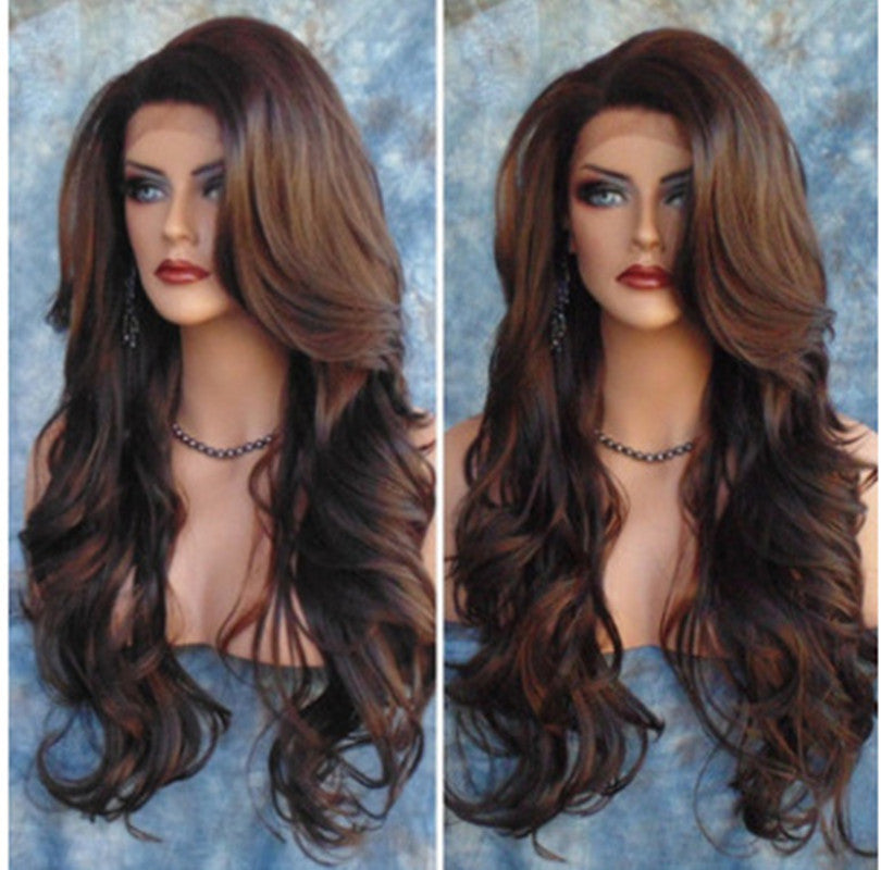 Long Curly Synthetic Wig with Oblique Bangs - Brown Highlighting Hairpiece