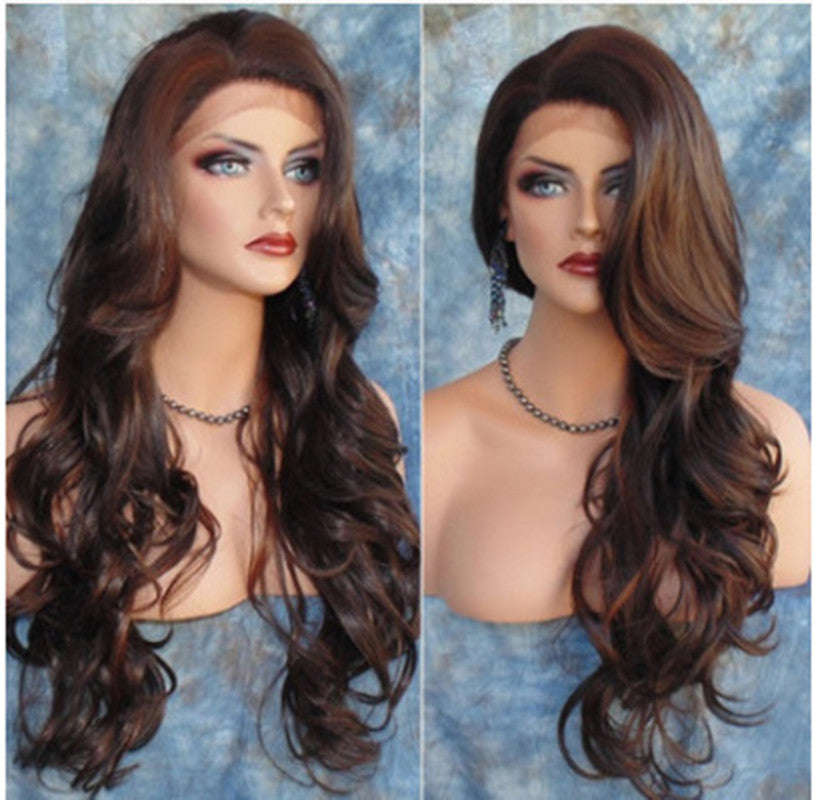 Long Curly Synthetic Wig with Oblique Bangs - Brown Highlighting Hairpiece