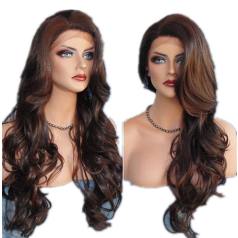 Long Curly Synthetic Wig with Oblique Bangs - Brown Highlighting Hairpiece