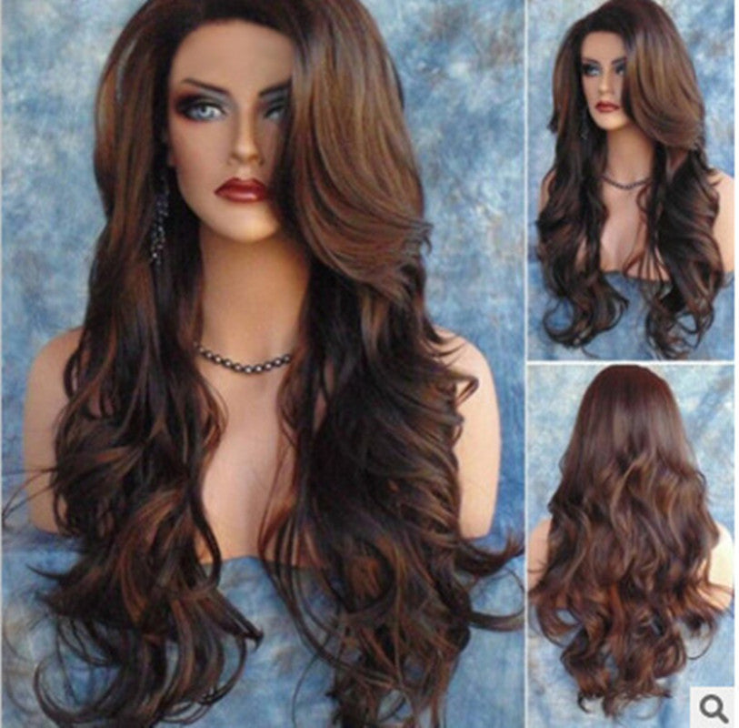 Long Curly Synthetic Wig with Oblique Bangs - Brown Highlighting Hairpiece