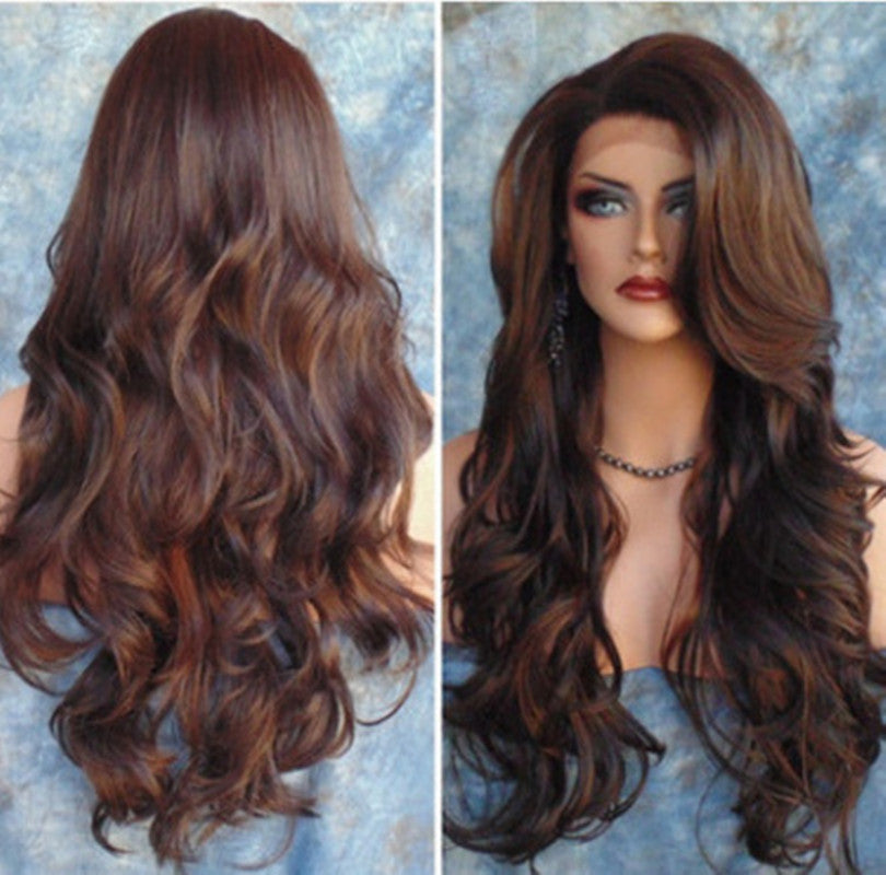 Long Curly Synthetic Wig with Oblique Bangs - Brown Highlighting Hairpiece
