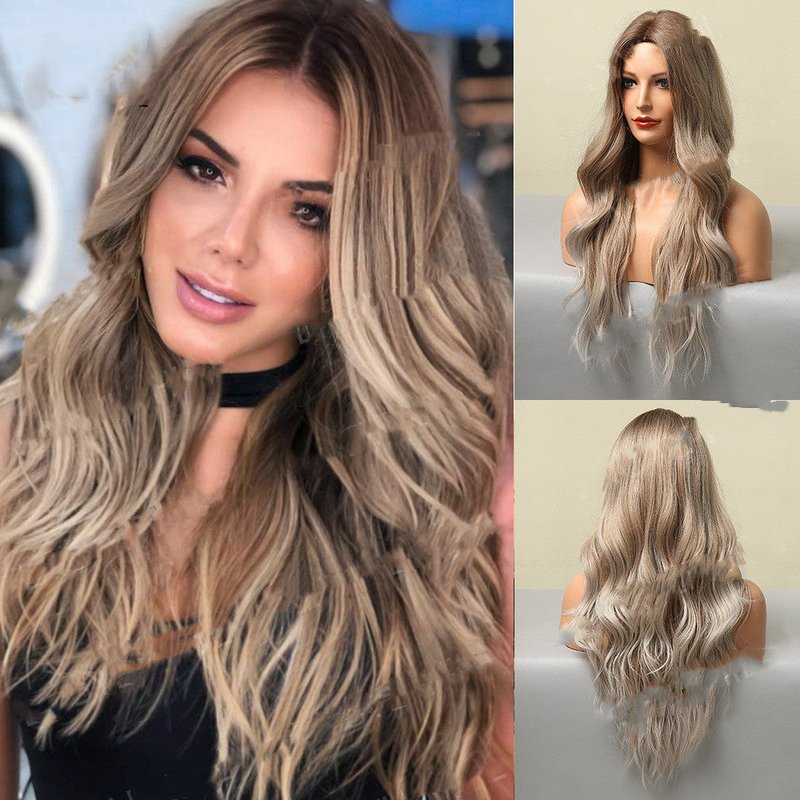 Long Curly Synthetic Wig for Women without Bangs - Yellow