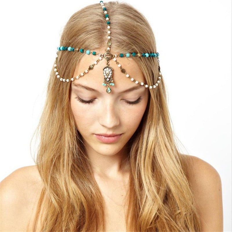 Turquoise Pearl Drop Hair Chain Headband - Blue