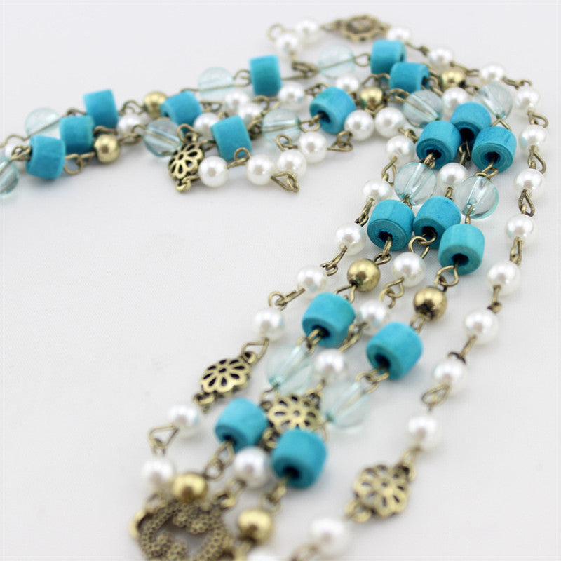 Turquoise Pearl Drop Hair Chain Headband - Blue