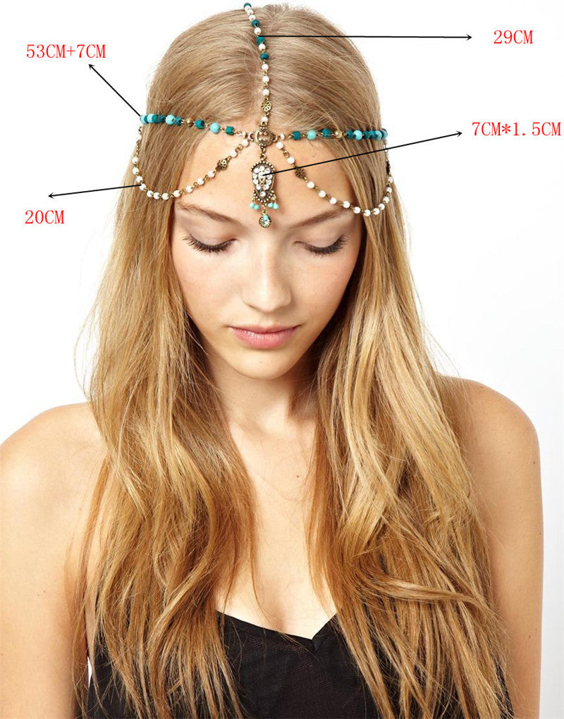 Turquoise Pearl Drop Hair Chain Headband - Blue