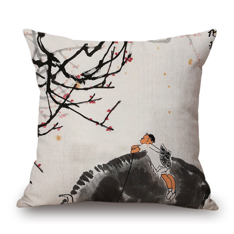 Retro Ink Painting Cushion Cover Home Decor Landscape Pattern Cotton Fabric