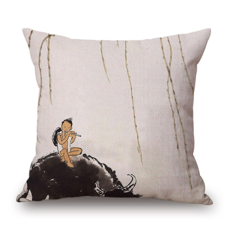 Retro Ink Painting Cushion Cover Home Decor Landscape Pattern Cotton Fabric