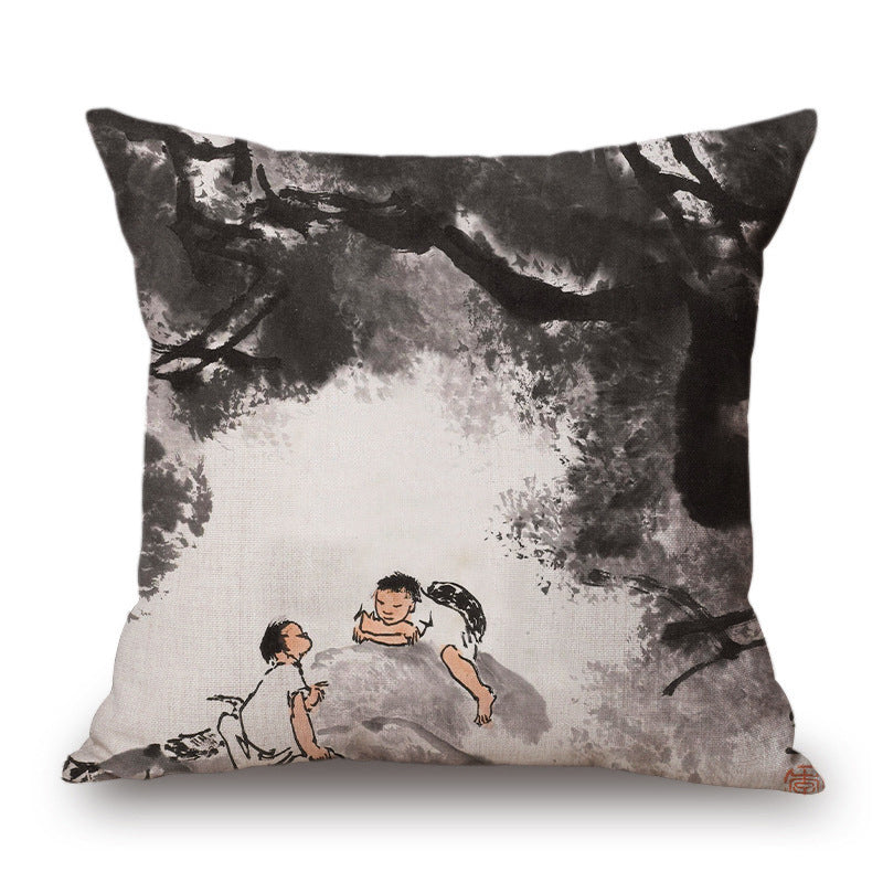 Retro Ink Painting Cushion Cover Home Decor Landscape Pattern Cotton Fabric